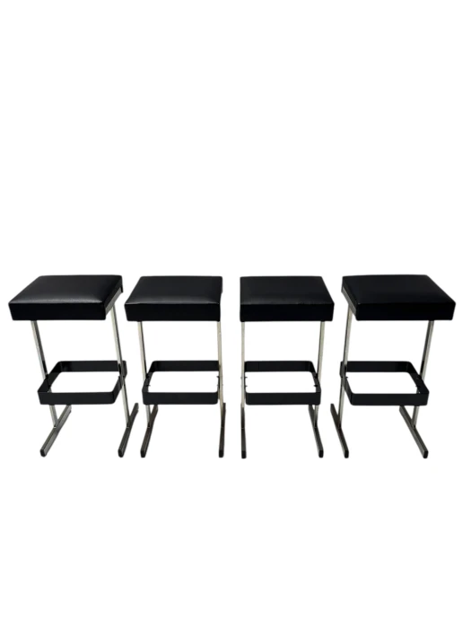 Four Mid-Century Modern Bar Stools with Black Leather Seats, 1970s